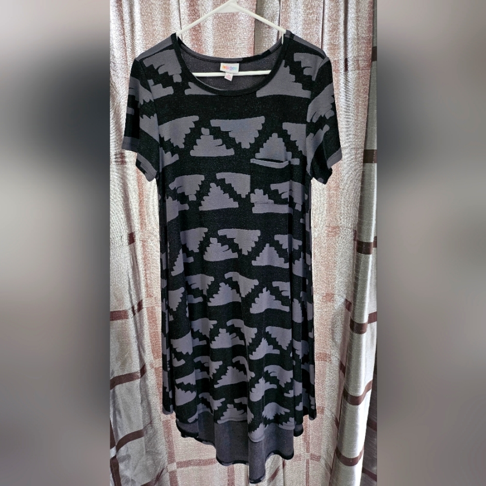 LuLaRoe Carly Swing T-shirt Print Dress, Black, Grey, Size Medium